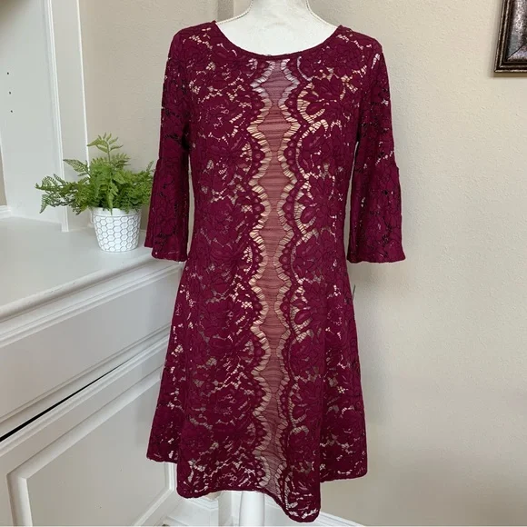 mango red asymmetrical dress A Line Round Neck Short Burgundy Lace Prom Dresses, Short Lace Formal –  jbydress